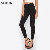 SHEIN Pearl Beading Leggings Fitness Women's Activewear Leggings Black High Waisted Casual Womens Leggings Pants - LEGGINGS 'N' THINGS