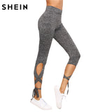 SHEIN Women Pants Trousers for Ladies Fitness Plain Light Grey High Waist Crisscross Tie Fitness Elastic Leggings - LEGGINGS 'N' THINGS