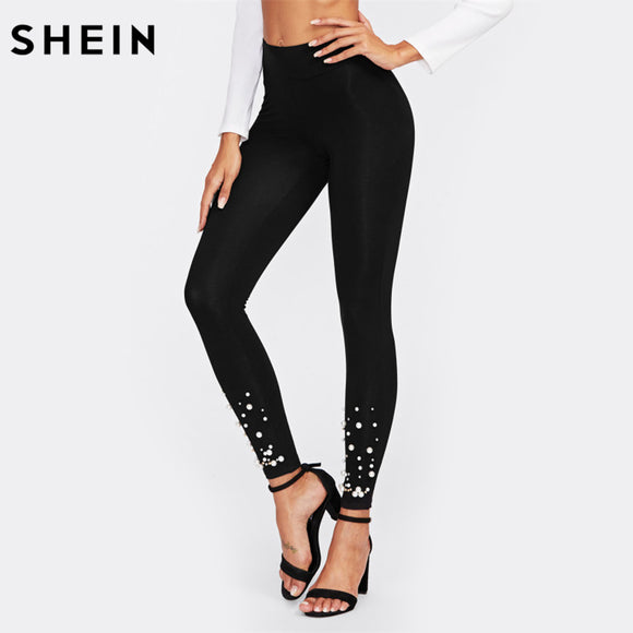 SHEIN Pearl and Rhinestone Embellished Leggings Fitness Women Solid Black Casual Autumn 2017 Womens Leggings Pants - LEGGINGS 'N' THINGS