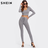 SHEIN Grey Long Sleeve Rib Knit Marled Hoodie Sexy Crop Tee and Leggings Set Autumn 2 Piece Set Women Pant and Top - LEGGINGS 'N' THINGS