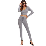 SHEIN Grey Long Sleeve Rib Knit Marled Hoodie Sexy Crop Tee and Leggings Set Autumn 2 Piece Set Women Pant and Top - LEGGINGS 'N' THINGS