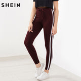 SHEIN Striped Sideseam Drawstring Leggings Burgundy Autumn Winter Pants Women Casual Fitness Activewear for Women - LEGGINGS 'N' THINGS