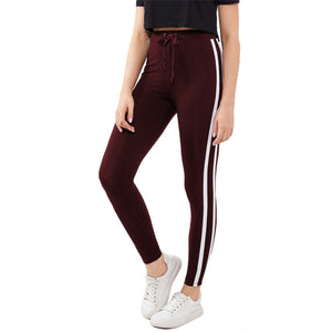 SHEIN Striped Sideseam Drawstring Leggings Burgundy Autumn Winter Pants Women Casual Fitness Activewear for Women - LEGGINGS 'N' THINGS