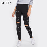 SHEIN Pearl Beading Knee Open Leggings Fitness Women Black Cut Out Womens Workout Leggings Casual Autumn Winter Leggings - LEGGINGS 'N' THINGS