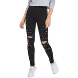 SHEIN Pearl Beading Knee Open Leggings Fitness Women Black Cut Out Womens Workout Leggings Casual Autumn Winter Leggings - LEGGINGS 'N' THINGS