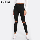 SHEIN Leggings Women Fitness Knee Cut Out Embroidered Mesh Insert Leggings Black Contrast Lace Workout Leggings - LEGGINGS 'N' THINGS