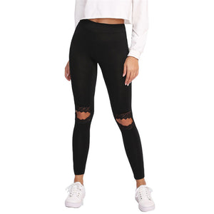 SHEIN Leggings Women Fitness Knee Cut Out Embroidered Mesh Insert Leggings Black Contrast Lace Workout Leggings - LEGGINGS 'N' THINGS