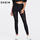 SHEIN Black Leggings Women Mesh Insert Ripped Leggings Mid Waist Casual Summer Spring Soild Fitness Leggings Pants - LEGGINGS 'N' THINGS