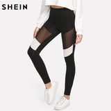 SHEIN Women Workout Leggings Black Fitness Womens Clothing Contrast Mesh Color Block Two Tone Mesh Insert Leggings - LEGGINGS 'N' THINGS