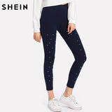 SHEIN Pearl Beading Leggings Women Workout Clothes for Women Navy High Waisted Leggings Elegant Fitness Clothing - LEGGINGS 'N' THINGS