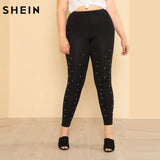 SHEIN Plus Size Pearl Beading Black Leggins Fitness High Waist Elastic Leggings Eyelet Lace Insert Elegant Skinny Pants - LEGGINGS 'N' THINGS