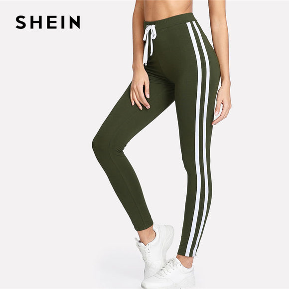 SHEIN Army Green Tape Side Sporty Leggings Women High Waist Drawstring Long Pants 2018 Spring Active Workout Leggings - LEGGINGS 'N' THINGS