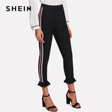 SHEIN Striped Side Ruffle Hem Sporting Leggings Black Highwaist Ruffle Women Casual Trousers 2018 Spring Active Leggings - LEGGINGS 'N' THINGS