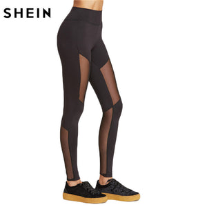 SHEIN Mesh Leggings Fitness Clothing Fashion Leggings Womens Black Wide Waistband Mesh Insert Casual Leggings - LEGGINGS 'N' THINGS