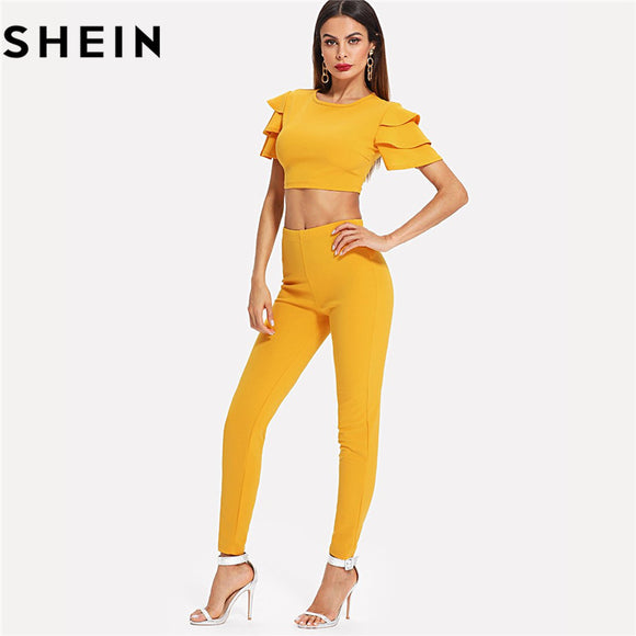 SHEIN Women Solid Ruffle Sleeve Short Stretchy Tops Long Pants Two Piece Set New Summer Casual Ginger Crop Top And Leggings Set - LEGGINGS 'N' THINGS