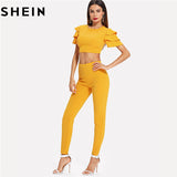 SHEIN Women Solid Ruffle Sleeve Short Stretchy Tops Long Pants Two Piece Set New Summer Casual Ginger Crop Top And Leggings Set - LEGGINGS 'N' THINGS