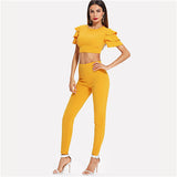 SHEIN Women Solid Ruffle Sleeve Short Stretchy Tops Long Pants Two Piece Set New Summer Casual Ginger Crop Top And Leggings Set - LEGGINGS 'N' THINGS