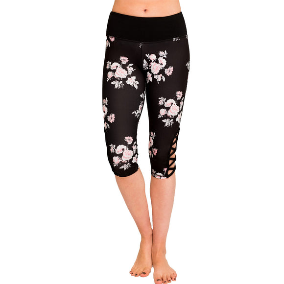 Print  hi-rise Capri with a side crisscross strap cutout - LEGGINGS 'N' THINGS