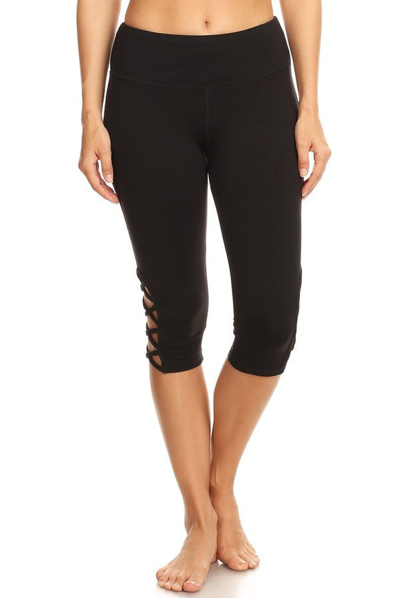 Black hi-rise Capri with a side crisscross strap cutout - LEGGINGS 'N' THINGS