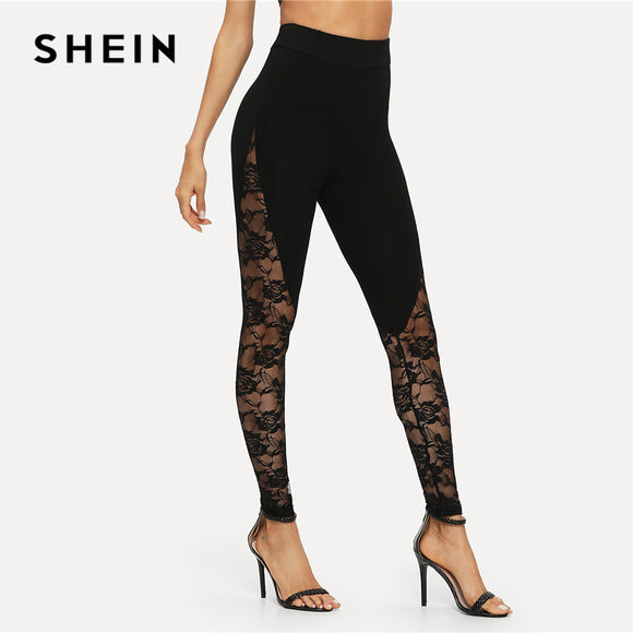 SHEIN Black Sexy Elegant Sheer Floral Lace Insert Skinny Leggings Summer Women Going Out Trousers - LEGGINGS 'N' THINGS