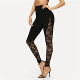 SHEIN Black Sexy Elegant Sheer Floral Lace Insert Skinny Leggings Summer Women Going Out Trousers - LEGGINGS 'N' THINGS