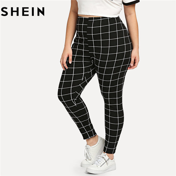 SHEIN Black And White Plaid Plus Size Fitness Women Work Out Leggings Spring Autumn Grid Print Skinny Long Casual Legging - LEGGINGS 'N' THINGS