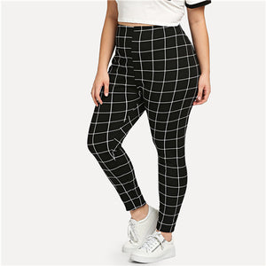 SHEIN Black And White Plaid Plus Size Fitness Women Work Out Leggings Spring Autumn Grid Print Skinny Long Casual Legging - LEGGINGS 'N' THINGS