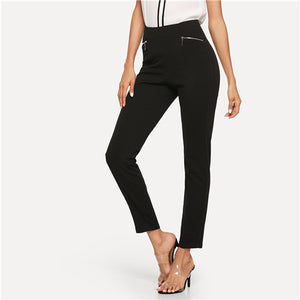 SHEIN Black Zip Pocket and Zip Back Leggings Elegant Plain Workwear Pants Women Autumn Soild Long Fitness Leggings Pants - LEGGINGS 'N' THINGS