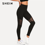 SHEIN Black Sporting Casual Sexy Contrast Mesh Contrast Skinny Solid Leggings Summer Women Trousers - LEGGINGS 'N' THINGS