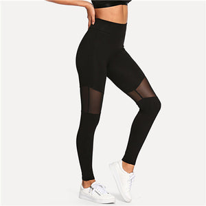 SHEIN Black Sporting Casual Sexy Contrast Mesh Contrast Skinny Solid Leggings Summer Women Trousers - LEGGINGS 'N' THINGS